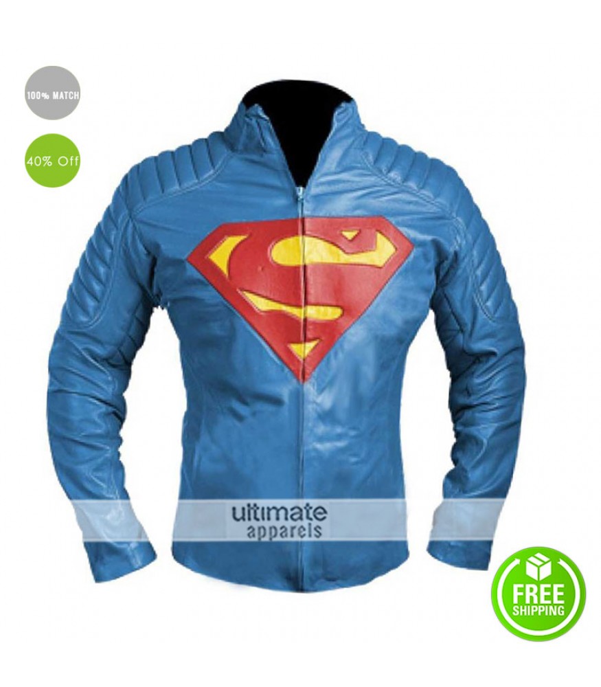 New Superman Logo Blue Collar Slim Fit Leather Jacket